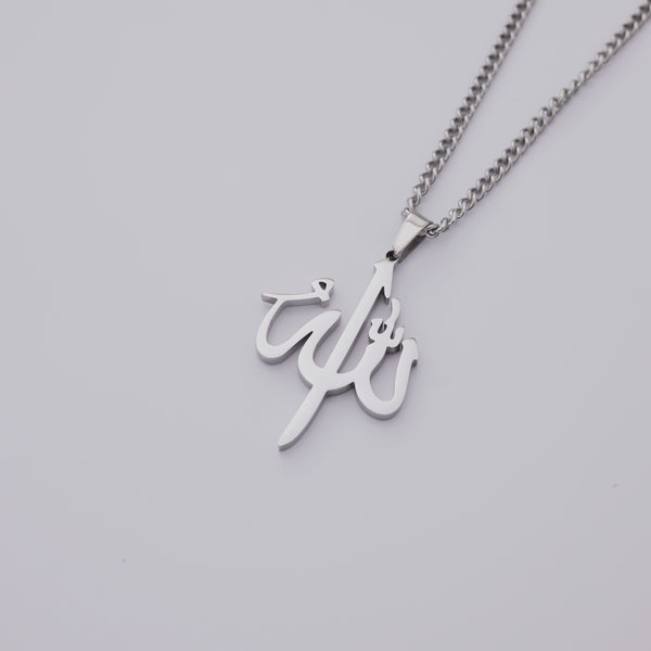 Men’s Allah pendant necklace in black and silver, crafted from stainless steel, symbolizing faith and spirituality.