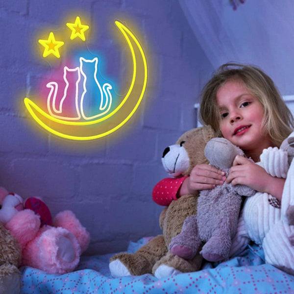 Cat on the Moon Neon LED light, whimsical wall art for kids' rooms and home decor, energy-efficient with remote control and dimmer.